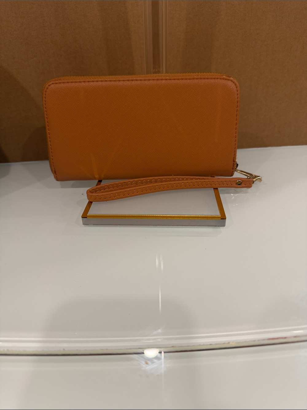 Tory Burch Caramel Tan Wristlet with Gold Logo Medallion - Picture 5 of 8